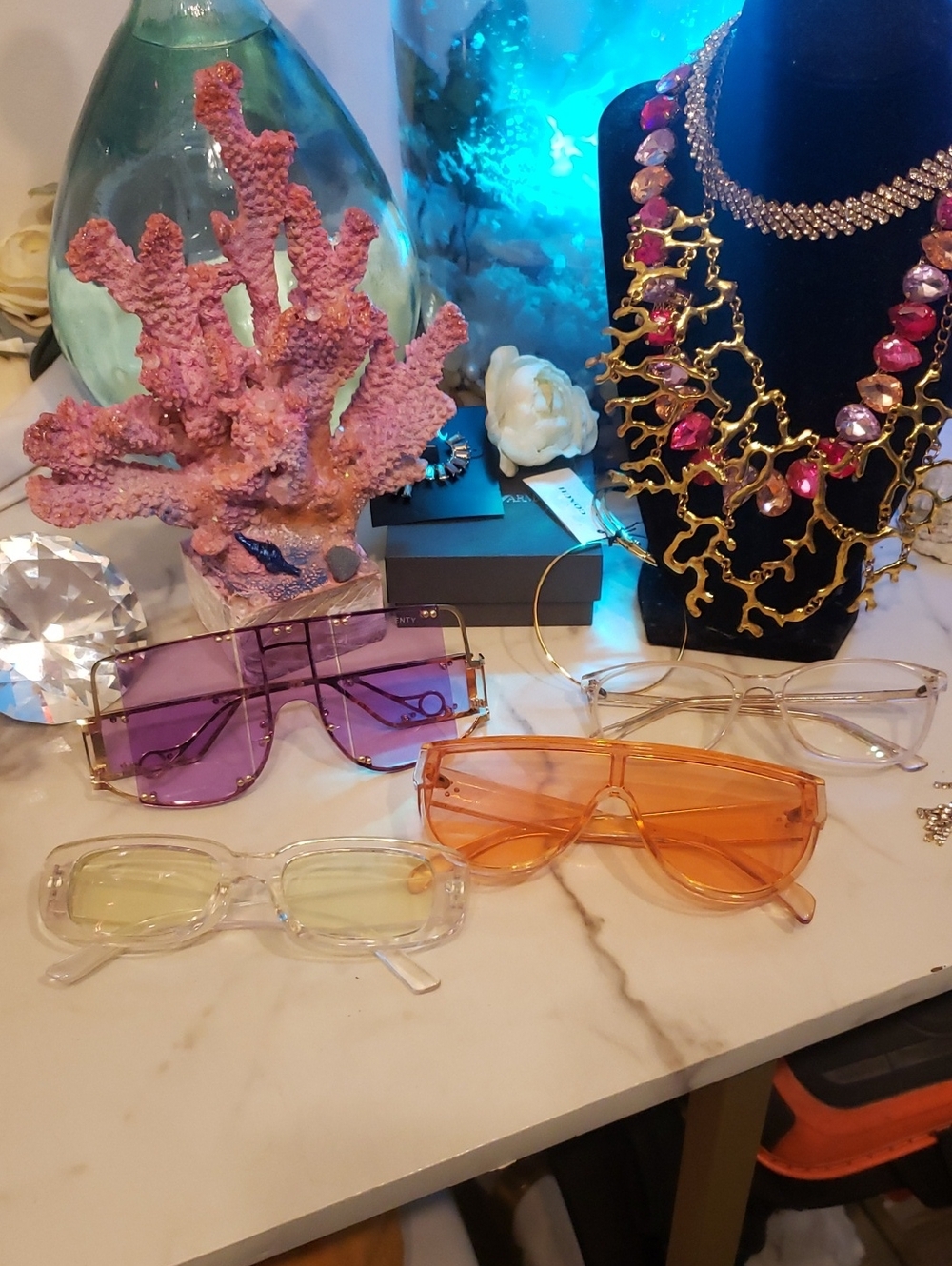 4- Stylish Oversized Women's Sunglasses - Purple, Orange, Clear, Yellow Lenses